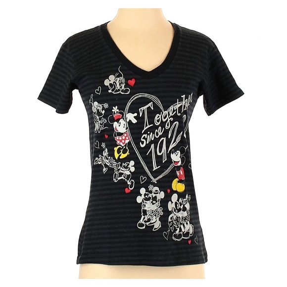 Disney Graphic Tee Heart Minnie & Mickey Together Since 1928 T-Shirt S Striped V - Picture 1 of 12